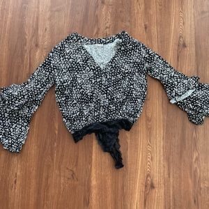 Free People Black White Floral Long Bell Sleeve Blouse Bodysuit